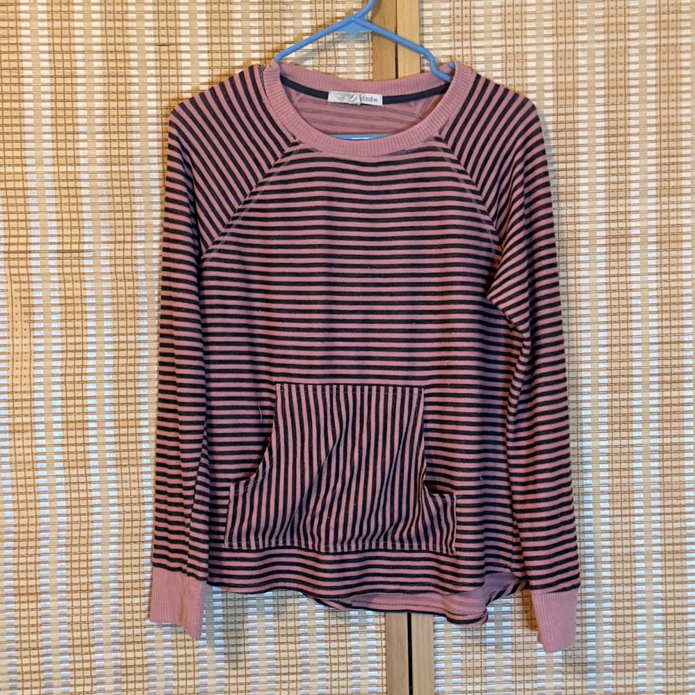 Rewind‎ Womens Pink Black Striped Raglan Long Sleeve Top Kangaroo Pocket Large